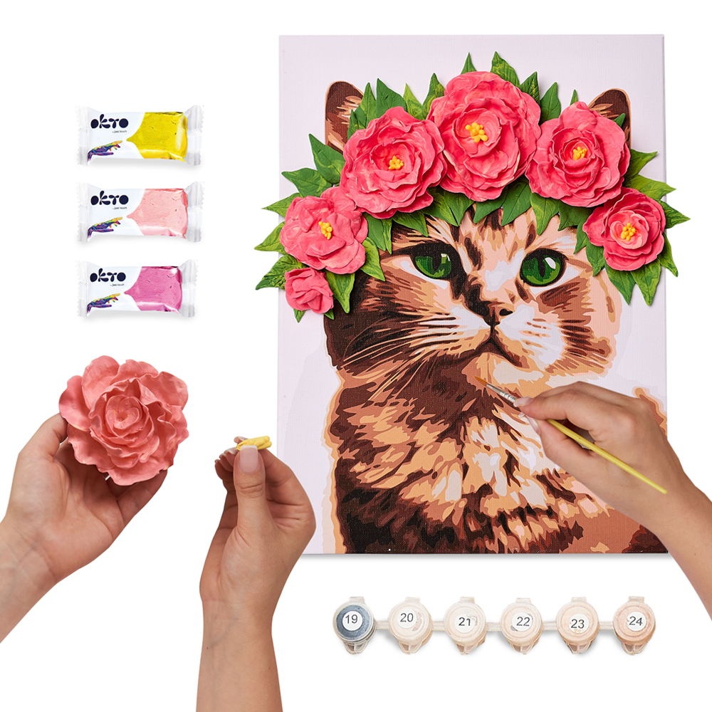 Set pictura si modelare 3D cu argila usoara, 30*40 cm - A Cat in a Flower Crown [2]