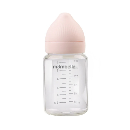 Noutăți - Biberon din sticla Anti-colici Mombella Classic , 180 ml, cu Tetină Silicon S - Flux Lent (0-3 Luni) - Old Rose