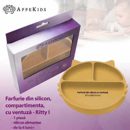 Farfurie compartimentată din silicon cu ventuză AppeKids Kitty, 6 luni+ [2]