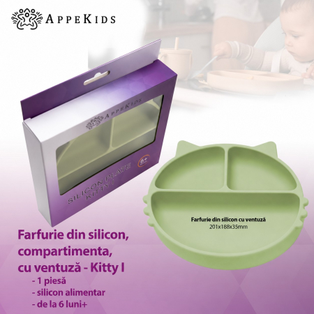 Farfurie compartimentată din silicon cu ventuză AppeKids Kitty, 6 luni+ [2]