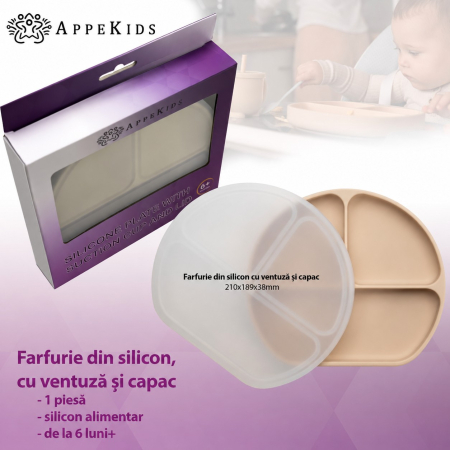 Farfurie compartimentată din silicon cu ventuză și capac AppeKids, 6 luni+ [4]