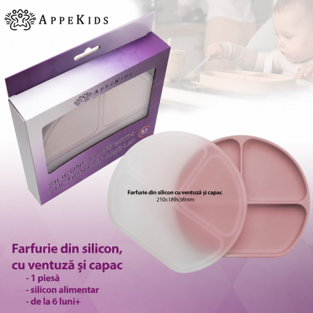 Farfurie compartimentată din silicon cu ventuză și capac AppeKids, 6 luni+ [3]
