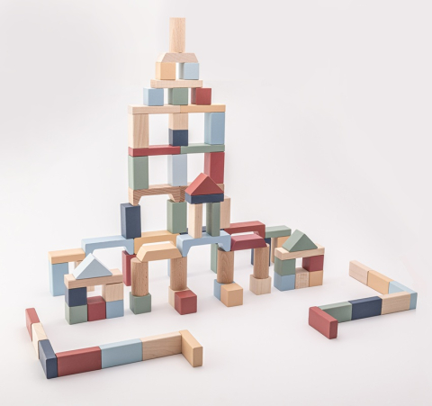 Masinute - Jucarie din lemn, Cubika, Kit 100 de piese de constructie - Pastel
