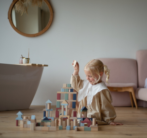 Jucarie din lemn, Cubika, Kit 100 de piese de constructie - Pastel [1]