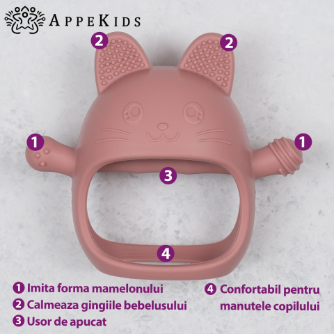 Jucarie pentru dentitie din silicon, Appekids, Manusa Kitty - Old Rose [1]