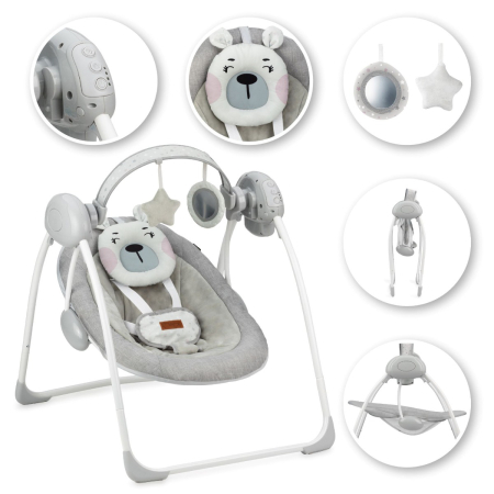 Leagan pentru bebelusi, MoMi LISS Bear Pink, 5 viteze de balansare, Cronometru, Alimentare baterii, 8 melodii, 2 jucarii incluse, Centura in 5 puncte [4]
