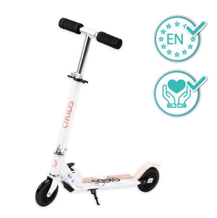 Jucarii - Trotineta copii, QKIDS, FLO Pink, Rulmenti ABEC-9, Roti poliuretan 85A, Ghidon T-shape, Platforma anti-derapanta, Defender brake, Aluminiu