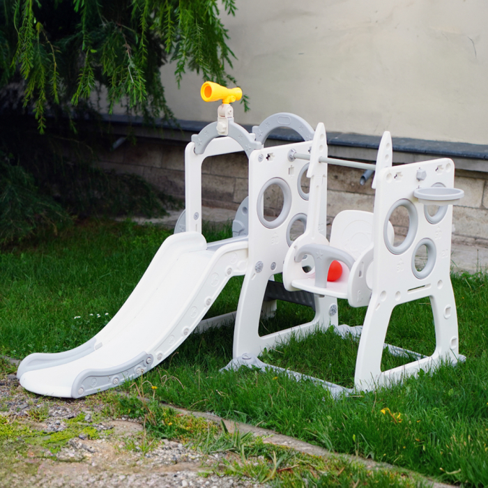 Ansamblu de joaca 4 in 1 Kinderplay Explorer, pentru copii 1-5 ani,  include tobogan, leagan, perete de catarare si punct de obsevare, alb