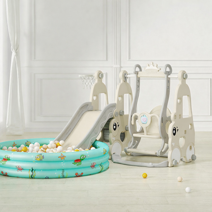 Ansamblu de joaca Kinderplay, pentru copii 1-4 ani, interior/exterior, leagan, tobogan, piscina cu bile, cos baschet, gri [2]