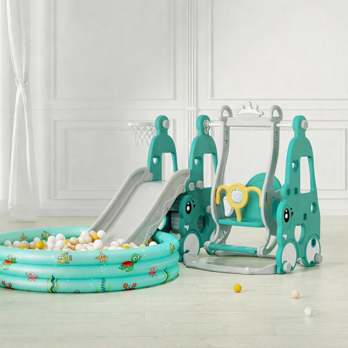 Ansamblu de joaca Kinderplay, pentru copii 1-4 ani, interior/exterior, leagan, tobogan, piscina cu bile, cos baschet, verde [2]