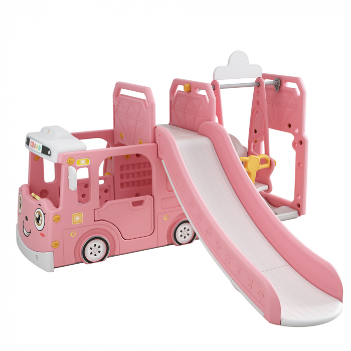 Ansamblu de joaca Kinderplay pentru copii, 4 in 1 cu tobogan, leagan si casuta tip autobuz si cos de baschet, roz