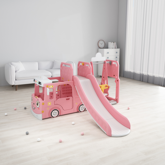 Ansamblu de joaca Kinderplay pentru copii, 4 in 1 cu tobogan, leagan si casuta tip autobuz, roz [2]