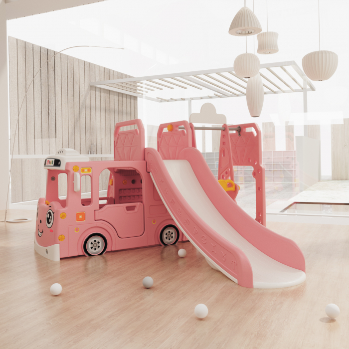 Ansamblu de joaca Kinderplay pentru copii, 4 in 1 cu tobogan, leagan si casuta tip autobuz, roz [3]