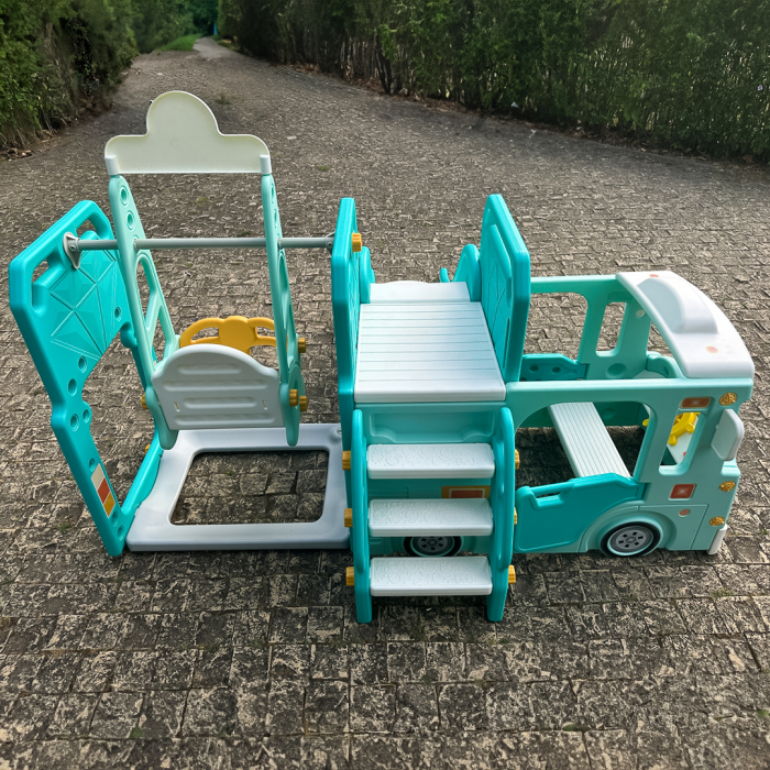 Ansamblu de joaca Kinderplay pentru copii, 4 in 1 cu tobogan, leagan si casuta tip autobuz, verde [13]