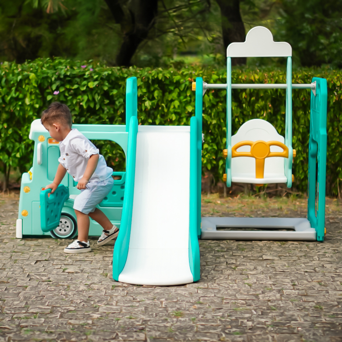 Ansamblu de joaca Kinderplay pentru copii, 4 in 1 cu tobogan, leagan si casuta tip autobuz, verde [4]