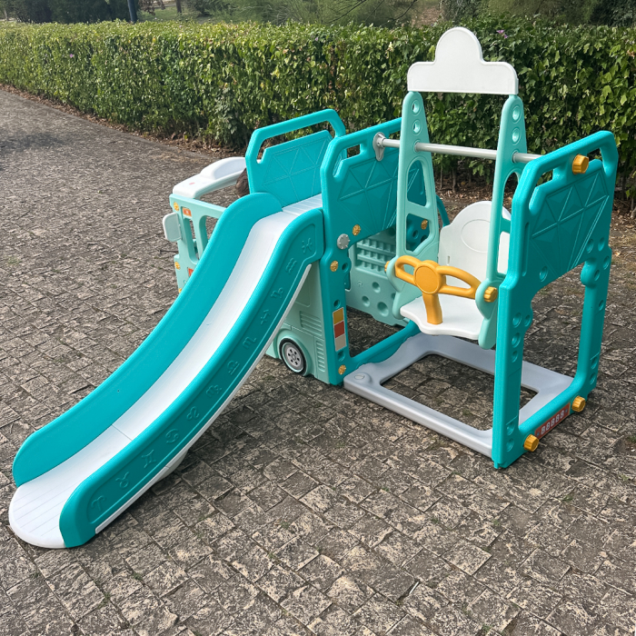 Ansamblu de joaca Kinderplay pentru copii, 4 in 1 cu tobogan, leagan si casuta tip autobuz, verde [8]