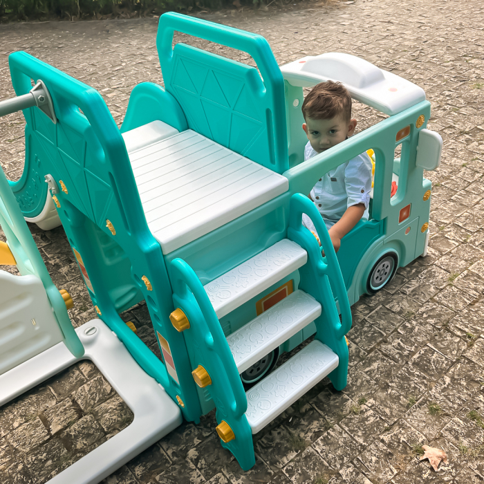 Ansamblu de joaca Kinderplay pentru copii, 4 in 1 cu tobogan, leagan si casuta tip autobuz, verde [7]