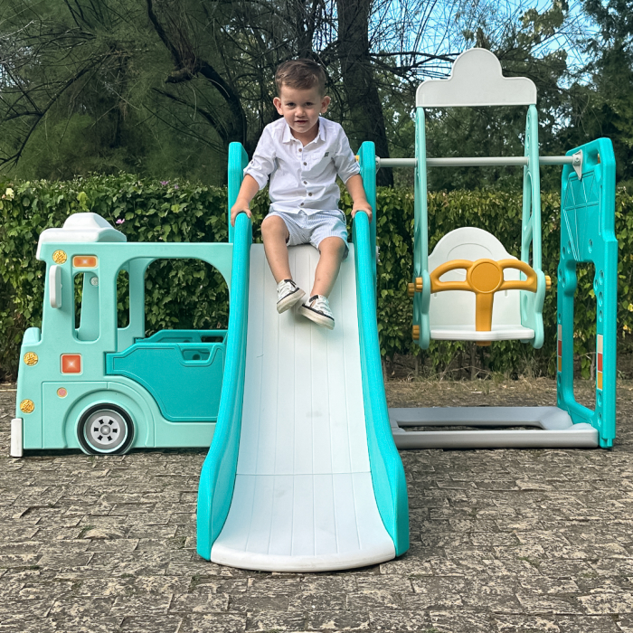 Ansamblu de joaca Kinderplay pentru copii, 4 in 1 cu tobogan, leagan si casuta tip autobuz, verde [9]