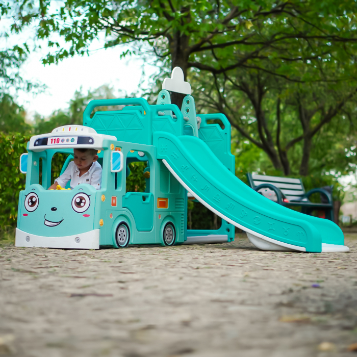 Ansamblu de joaca Kinderplay pentru copii, 4 in 1 cu tobogan, leagan si casuta tip autobuz, verde [3]
