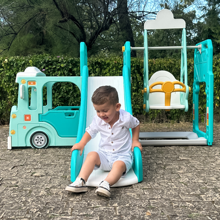 Ansamblu de joaca Kinderplay pentru copii, 4 in 1 cu tobogan, leagan si casuta tip autobuz, verde [10]