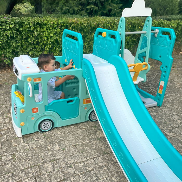 Ansamblu de joaca Kinderplay pentru copii, 4 in 1 cu tobogan, leagan si casuta tip autobuz, verde [6]