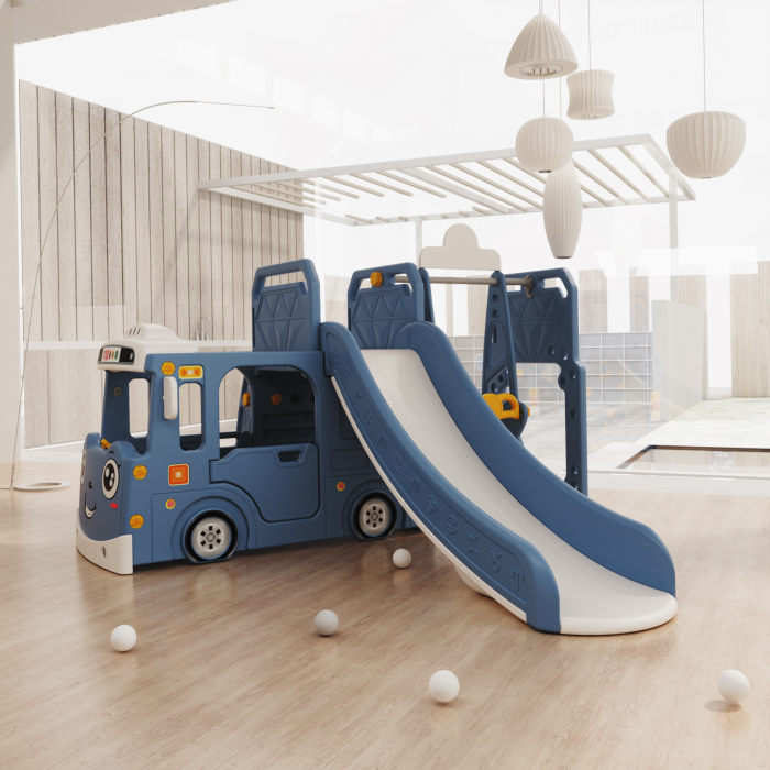 Ansamblu de joaca Kinderplay pentru copii, 4 in 1 cu tobogan, leagan si casuta tip autobuz, albastru [2]