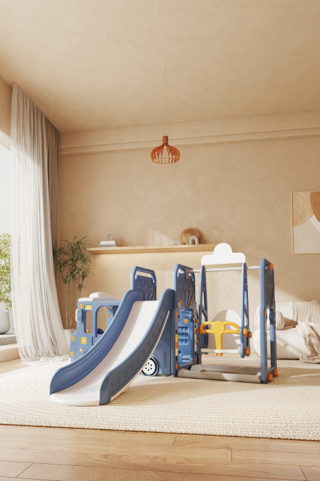 Ansamblu de joaca Kinderplay pentru copii, 4 in 1 cu tobogan, leagan si casuta tip autobuz, albastru [3]