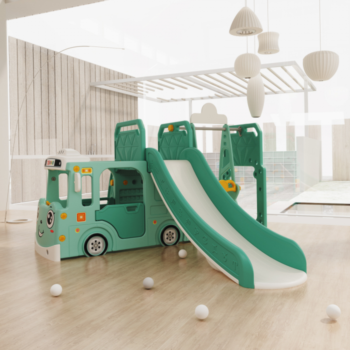 Ansamblu de joaca Kinderplay pentru copii, 4 in 1 cu tobogan, leagan si casuta tip autobuz, verde [14]