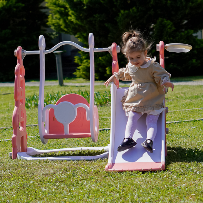 Ansamblu de joaca pentru copii Kinderplay, 4 in 1, cu leagan, tobogan, cos de baschet, mingi, rosu cu alb [6]