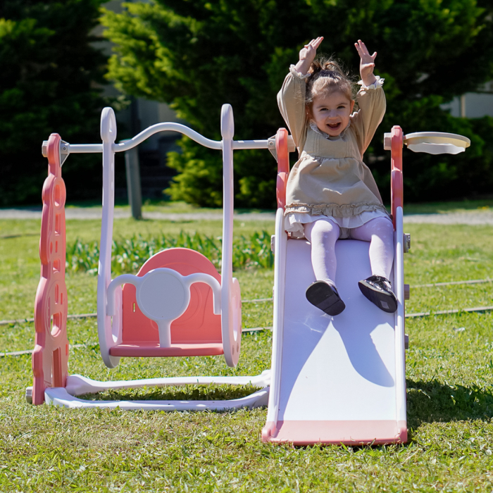 Ansamblu de joaca pentru copii Kinderplay, 4 in 1, cu leagan, tobogan, cos de baschet, mingi, rosu cu alb [3]