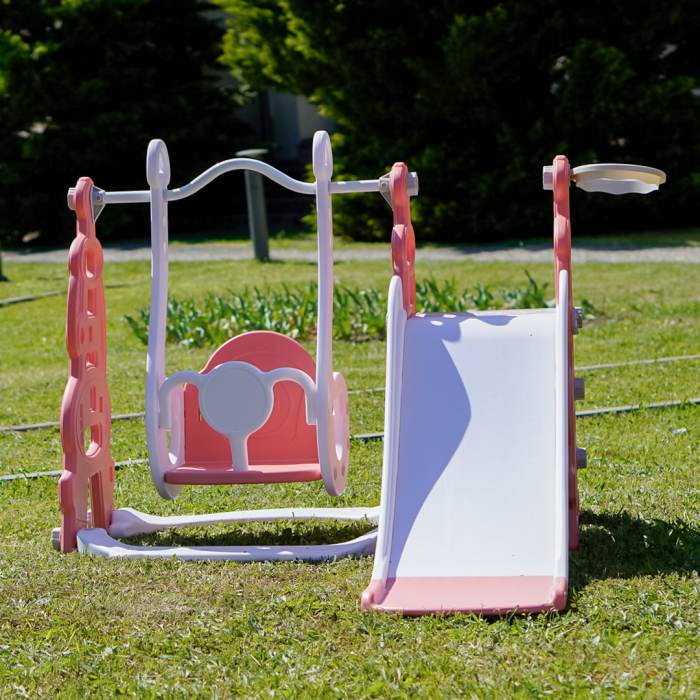 Ansamblu de joaca pentru copii Kinderplay, 4 in 1, cu leagan, tobogan, cos de baschet, mingi, rosu cu alb [7]