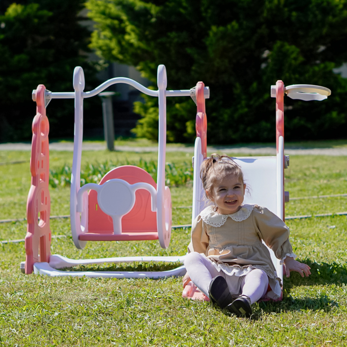 Ansamblu de joaca pentru copii Kinderplay, 4 in 1, cu leagan, tobogan, cos de baschet, mingi, rosu cu alb [2]
