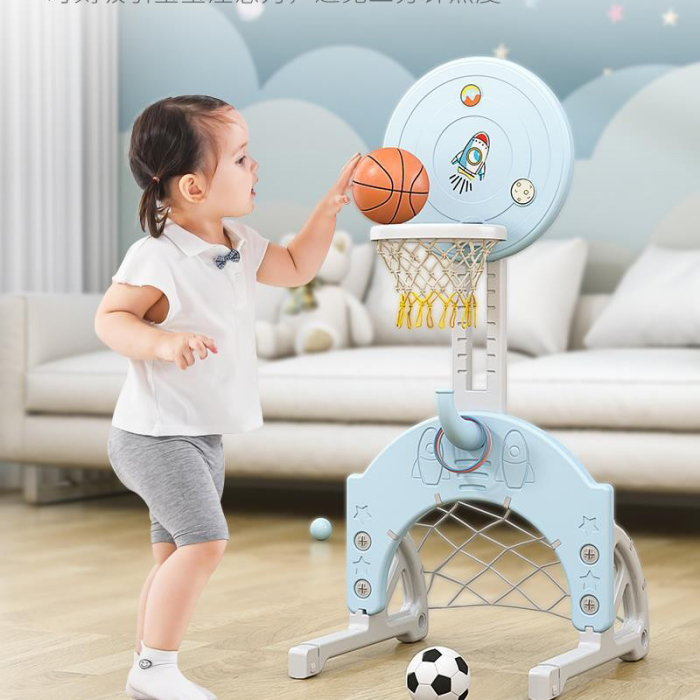 Ansamblu de joaca pentru copii, Kinderplay Astronaut, 5 in 1, tobogan, leagan, cos baschet, poarta fotbal, mingi incluse, albastru [5]