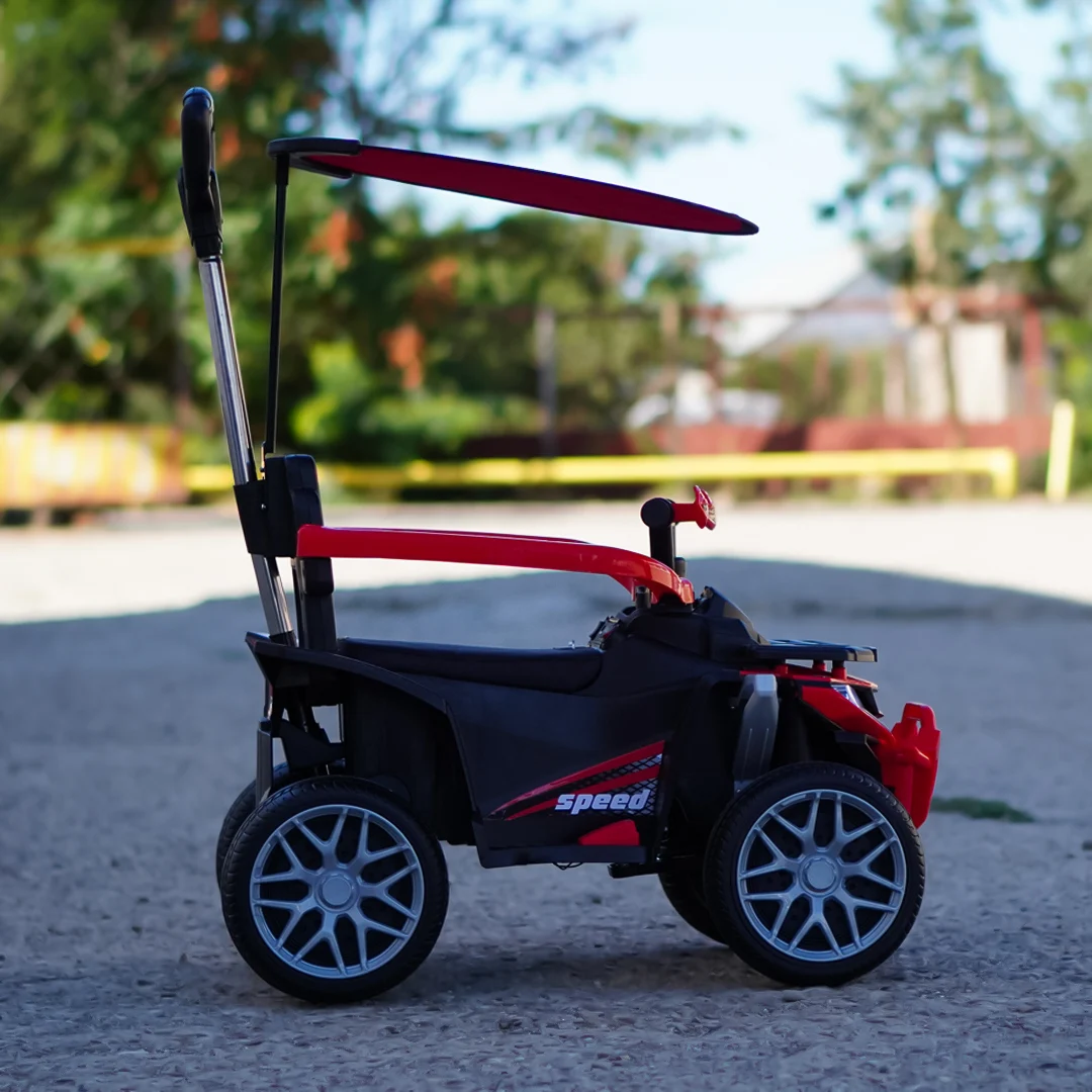 ATV electric Kinderplay Hercules cu maner, pentru copii 1-3 ani, roti moi, scaun tapitat, telecomanda control parental, rosu [8]