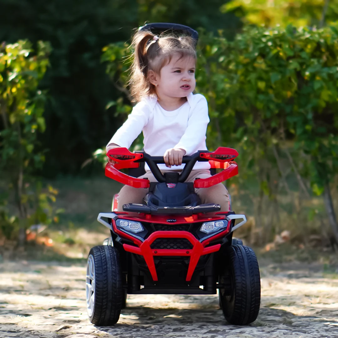 ATV electric Kinderplay Hercules cu maner, pentru copii 1-3 ani, roti moi, scaun tapitat, telecomanda control parental, rosu [4]