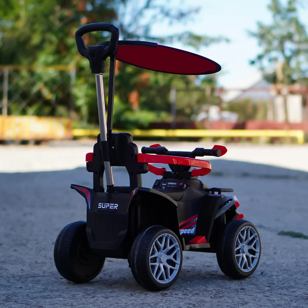 ATV electric Kinderplay Hercules cu maner, pentru copii 1-3 ani, roti moi, scaun tapitat, telecomanda control parental, rosu [10]