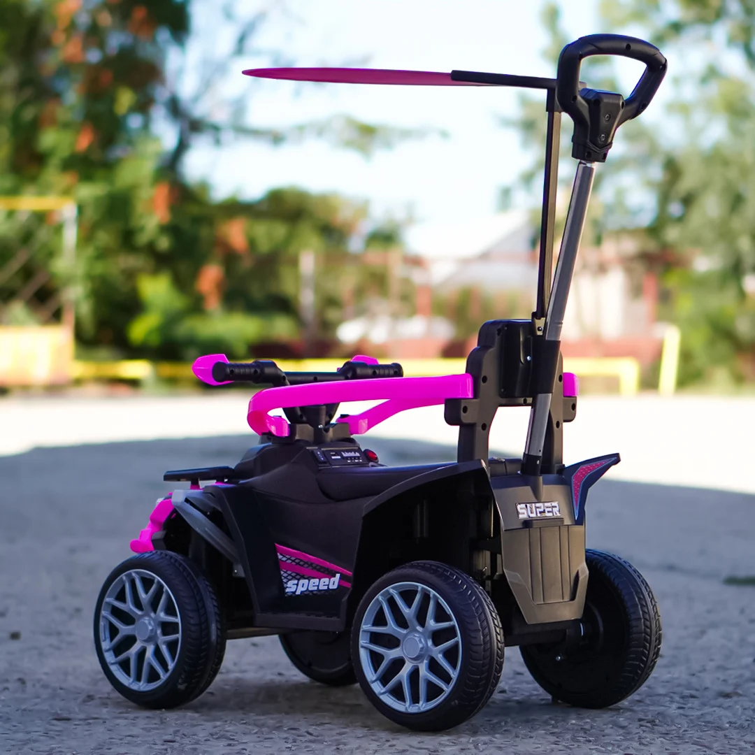 ATV electric Kinderplay Hercules cu maner, pentru fetite 1-3 ani, roti moi, scaun tapitat, telecomanda control parental, roz [12]