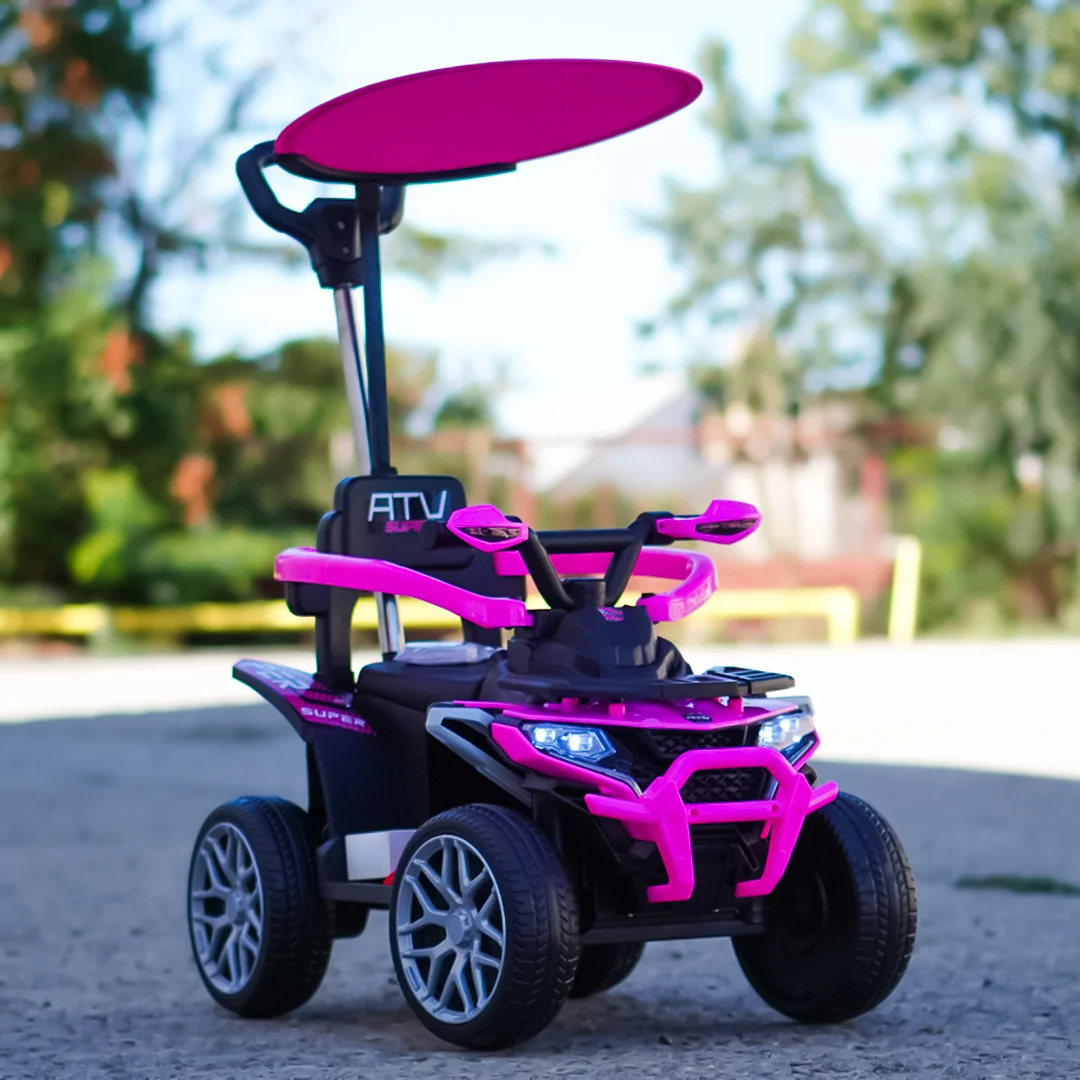 ATV electric Kinderplay Hercules cu maner, pentru fetite 1-3 ani, roti moi, scaun tapitat, telecomanda control parental, roz [2]