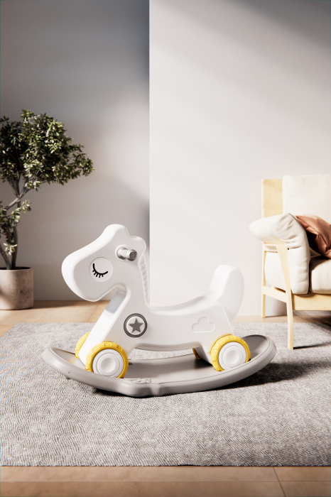Balansoar si premergator Kinderplay tip calut, pentru copii 1 si 4 ani, sunete interactive, ergonomic, gri [12]