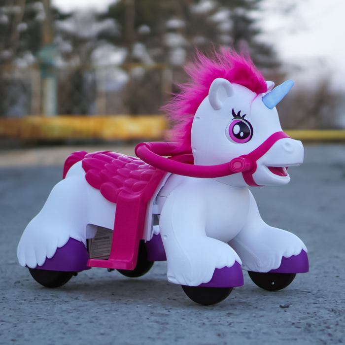 Calut electric interactiv cu roti, Kindeplay Unicorn, pentru copii 3-4 ani, 70W, 12V, roz [8]