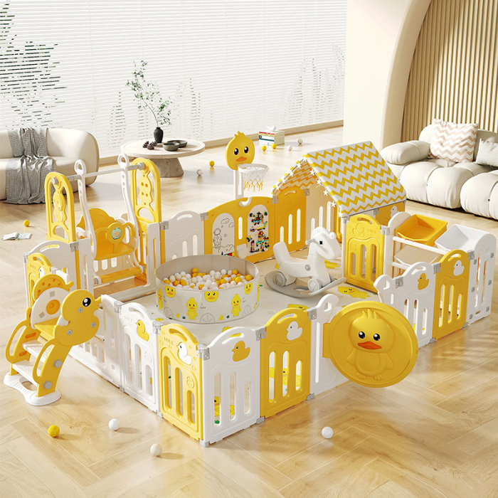 Centru de joaca pentru copii Kinderplay Duck Deluxe, tarc modular cu tobogan, leagan, piscina cu bile si multiple activitati, galben-alb [4]