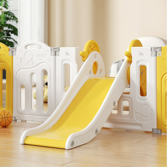 Centru de joaca pentru copii Kinderplay Duck Deluxe, tarc modular cu tobogan, leagan, piscina cu bile si multiple activitati, galben-alb [7]