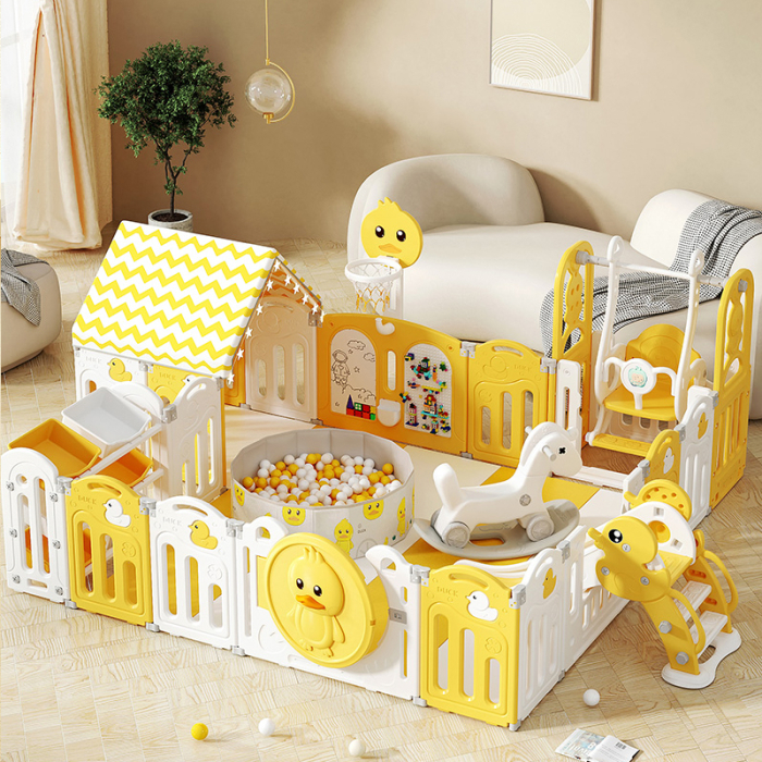 Centru de joaca pentru copii Kinderplay Duck Deluxe, tarc modular cu tobogan, leagan, piscina cu bile si multiple activitati, galben-alb [2]