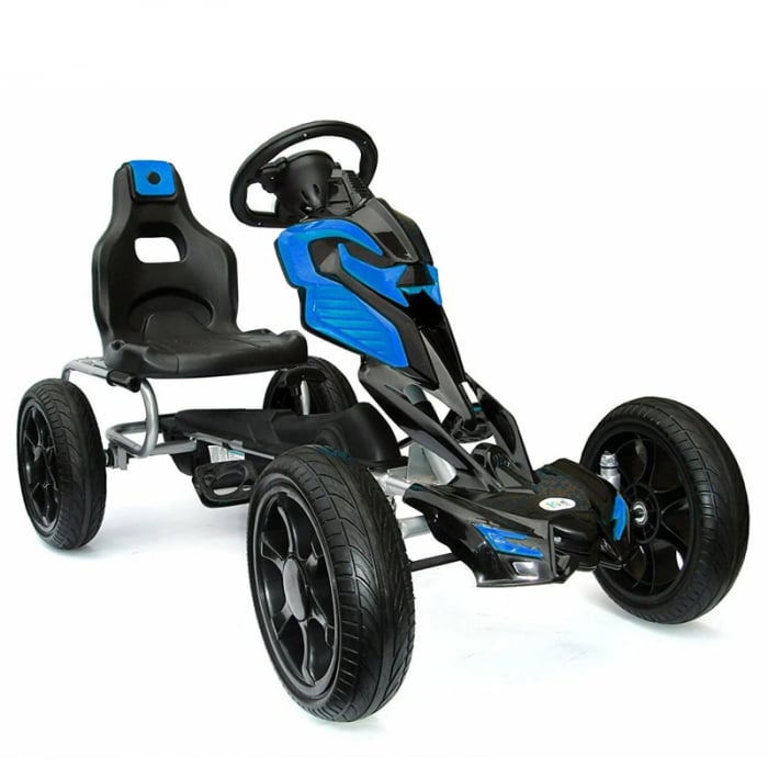 Kart cu pedale pentru copii intre 5 si 10 ani, Kinderplay Thunder, cu roti moi EVA, albastru