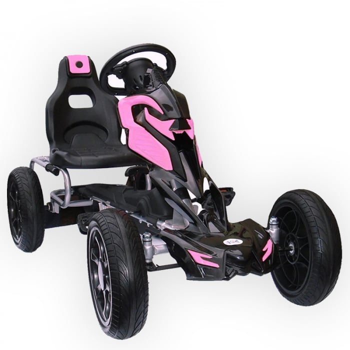 Kart cu pedale pentru copii intre 5 si 10 ani, Kinderplay Thunder, cu roti moi EVA, roz