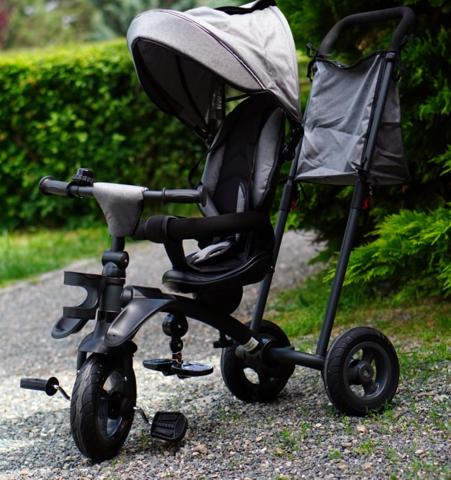 Kinderplay Baby, carucior, tricicleta multifunctionala pentru copii intre 1 si 5 ani, pliabila si reglabila, roti moi, gri [9]