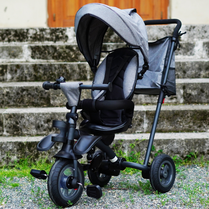 Kinderplay Baby, carucior, tricicleta multifunctionala pentru copii intre 1 si 5 ani, pliabila si reglabila, roti moi, gri [2]