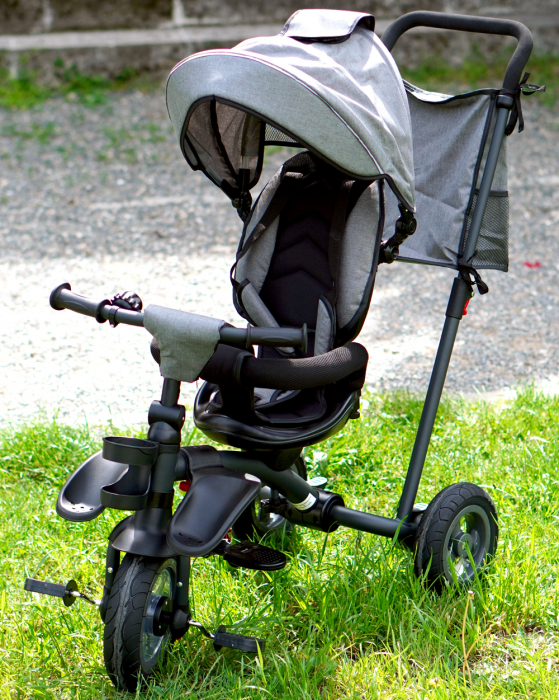 Kinderplay Baby, carucior, tricicleta multifunctionala pentru copii intre 1 si 5 ani, pliabila si reglabila, roti moi, gri [7]