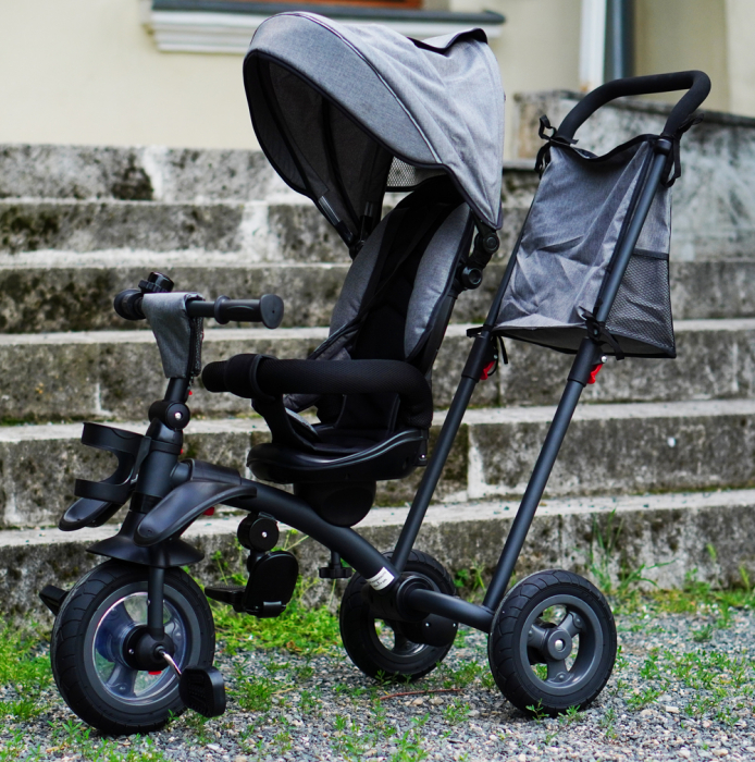 Kinderplay Baby, carucior, tricicleta multifunctionala pentru copii intre 1 si 5 ani, pliabila si reglabila, roti moi, gri [3]