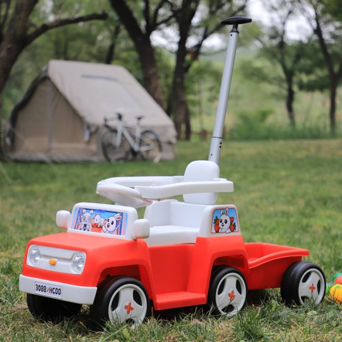 Masinuta pentru copii 4 in 1, Kinderplay FunnyBunny 60W 6V, cu telecomanda si remorca, rosie